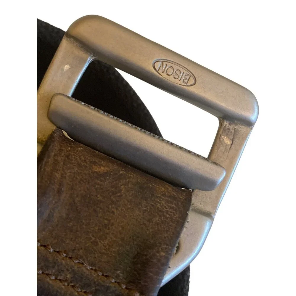 Bison Made Mens Black Nylon & Brown Leather Adjustable Belt‎ With Metal Buckle